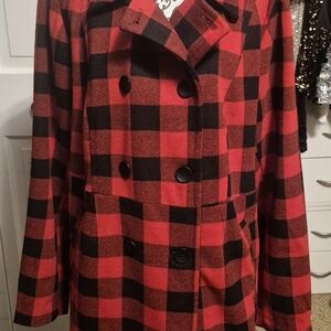 Torrid Black and Red Checkered Pea Coat